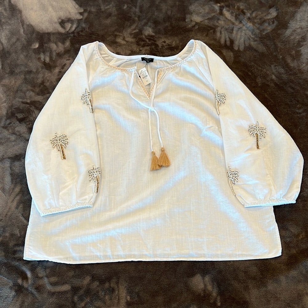 🎉Host Pick🎉Talbots Palm Embellished Linen Cotton Popover - Size 1X - Picture 3 of 15